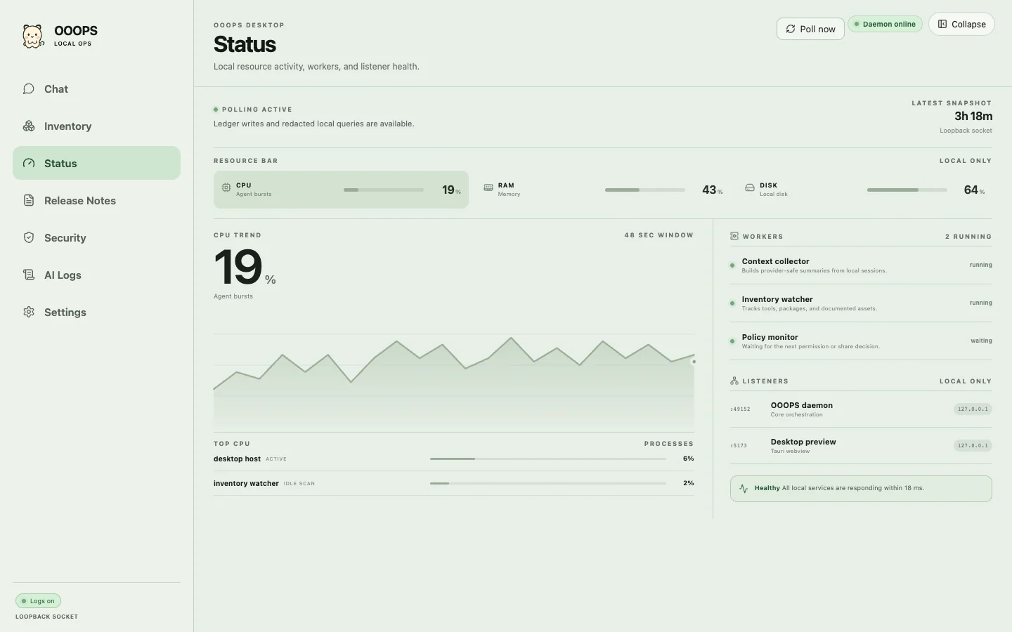 OOOPS status page showing local resource activity and workers